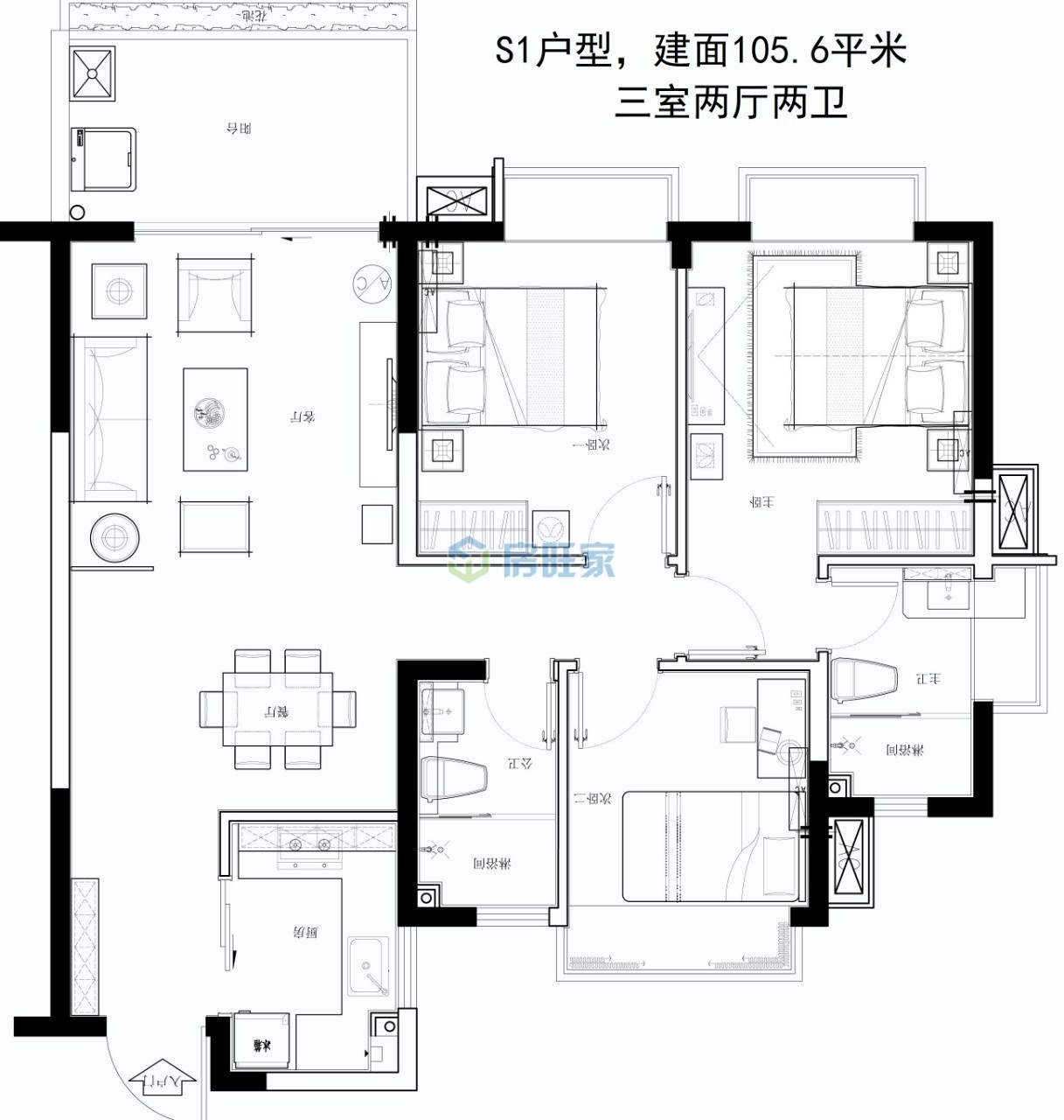 悦居山海间建面105.6平米三房户型图